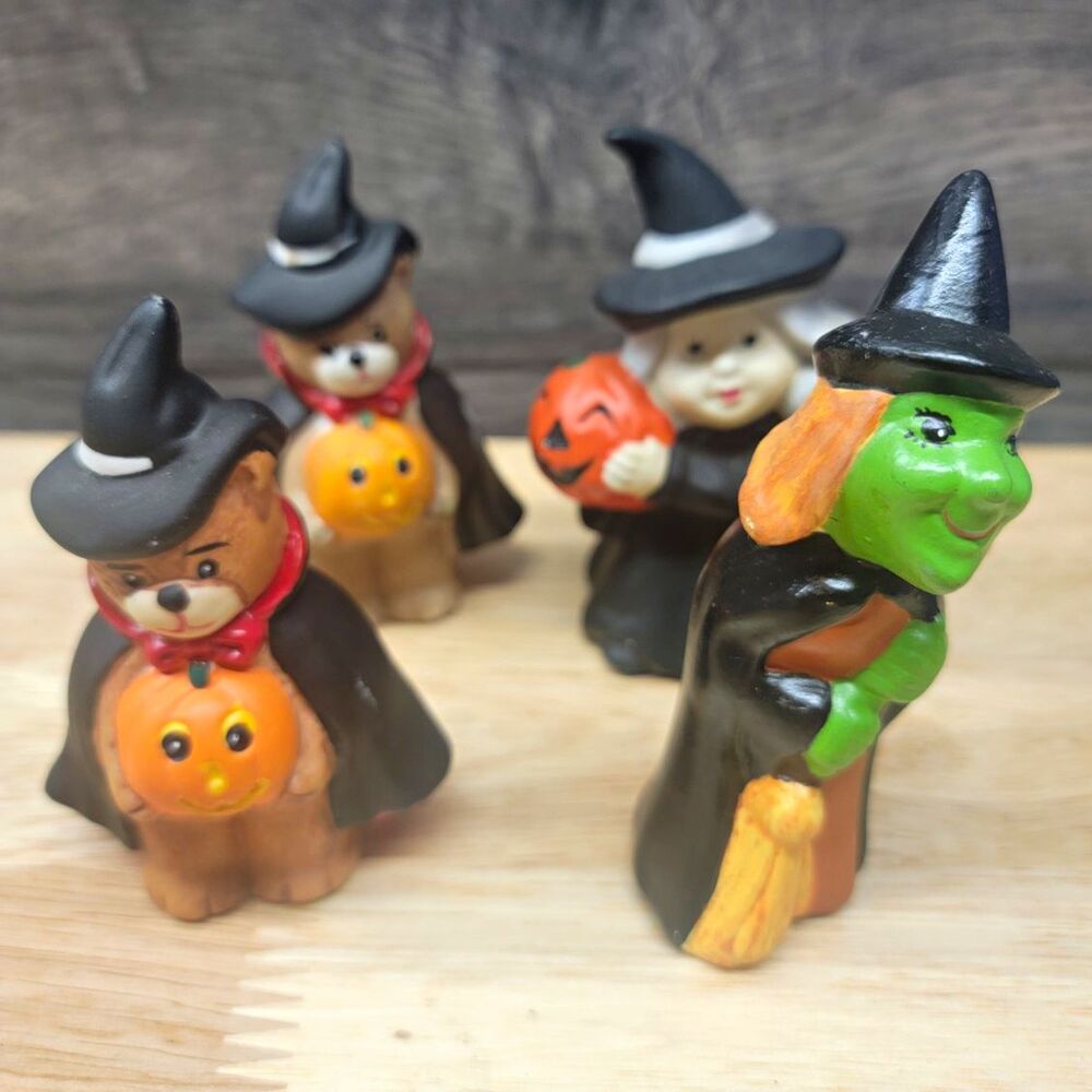 Halloween Painted Ceramic & Porcelain Figurines (Witch, Bear, Pumpkin) Set of 4